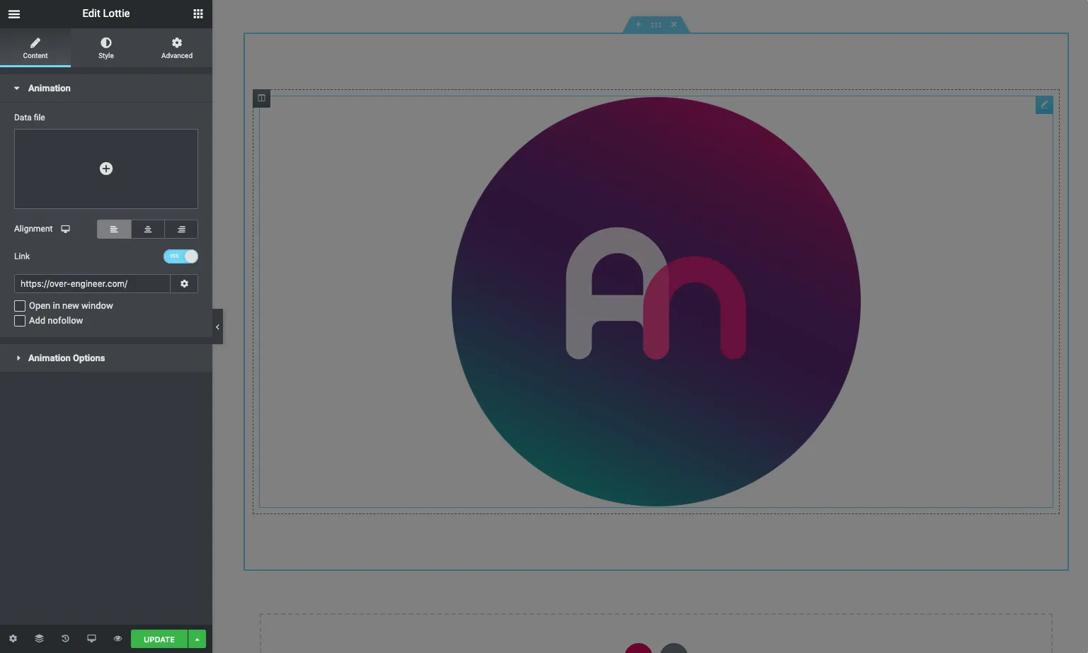 The Animentor widget dropped onto an Elementor page