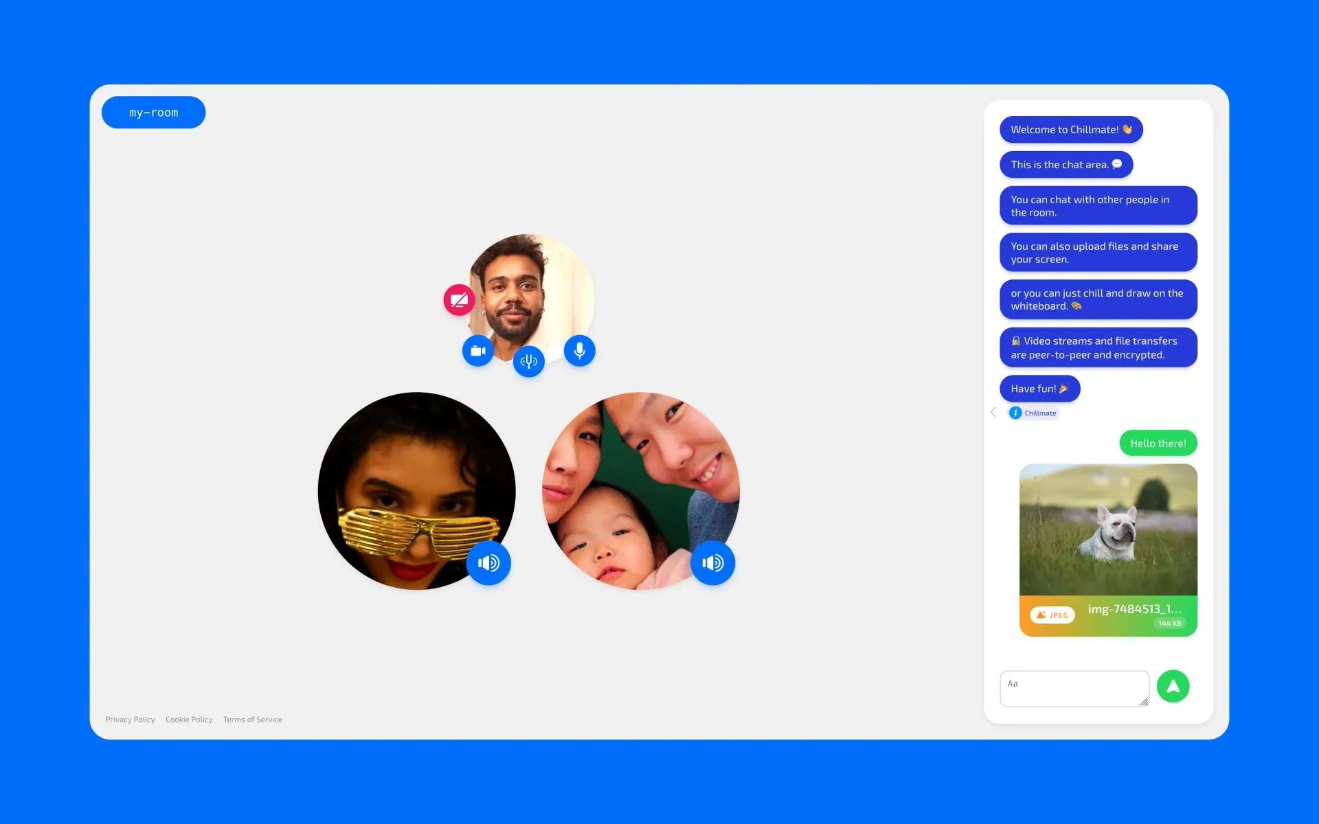 A Chillmate room in use, with video streams, chat and file sharing