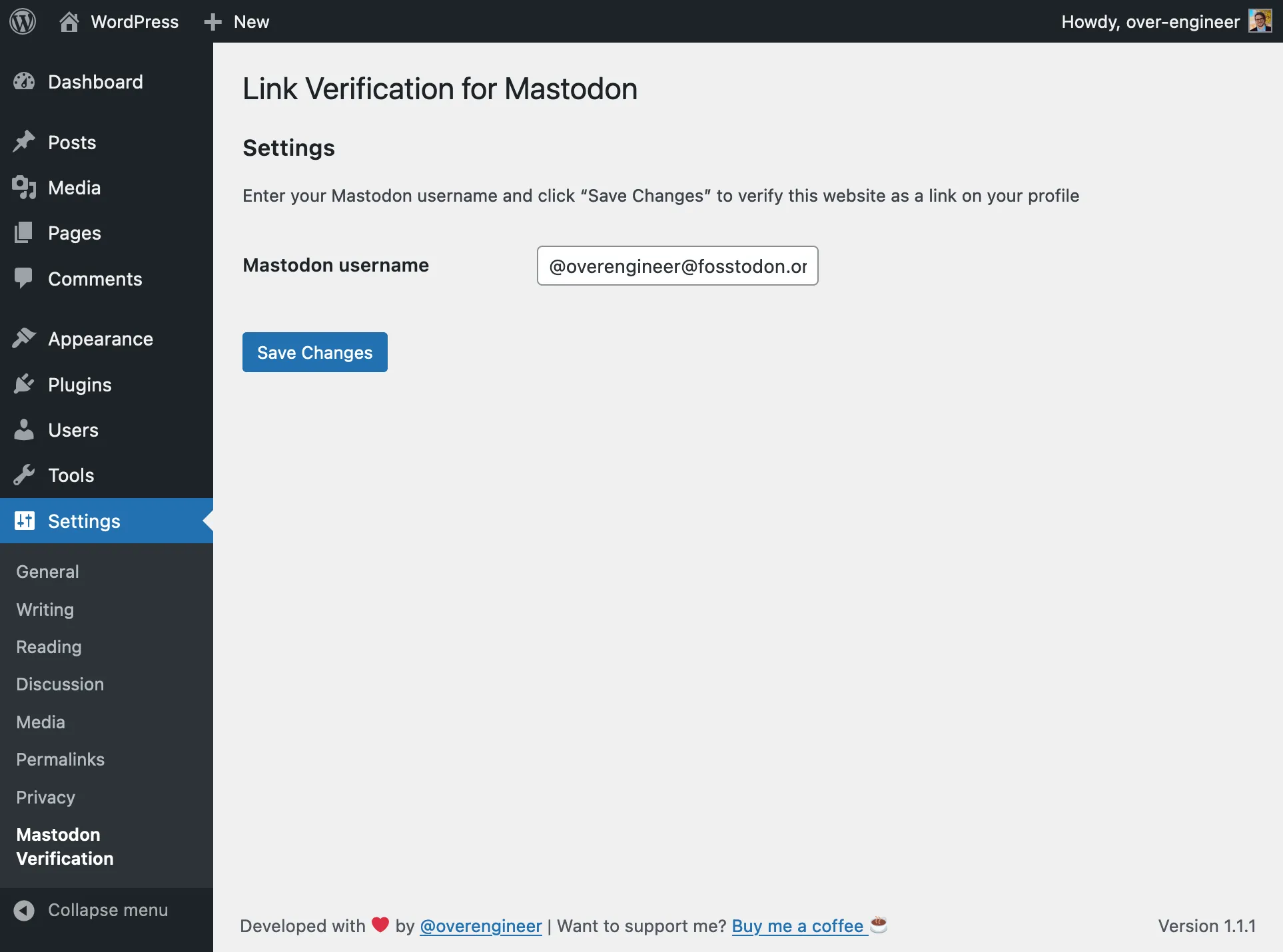 The Link Verification for Mastodon settings page: a single username field and a save button