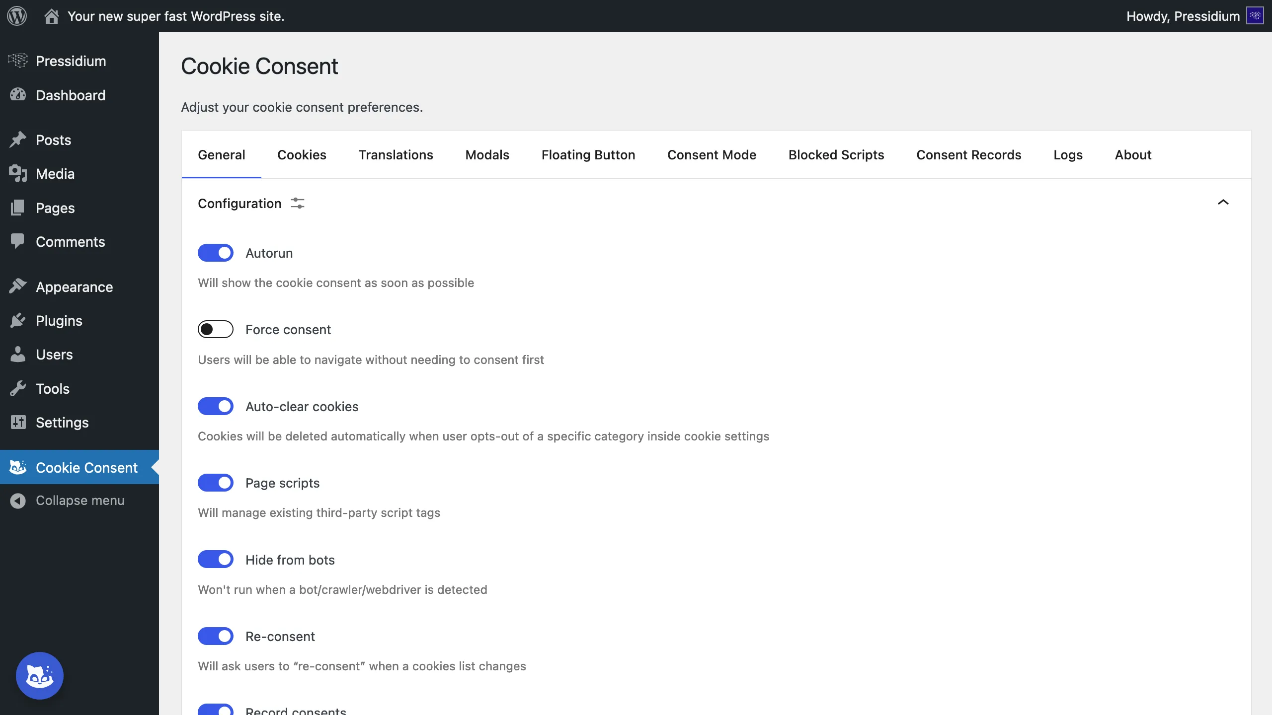Pressidium Cookie Consent general settings in the WordPress admin