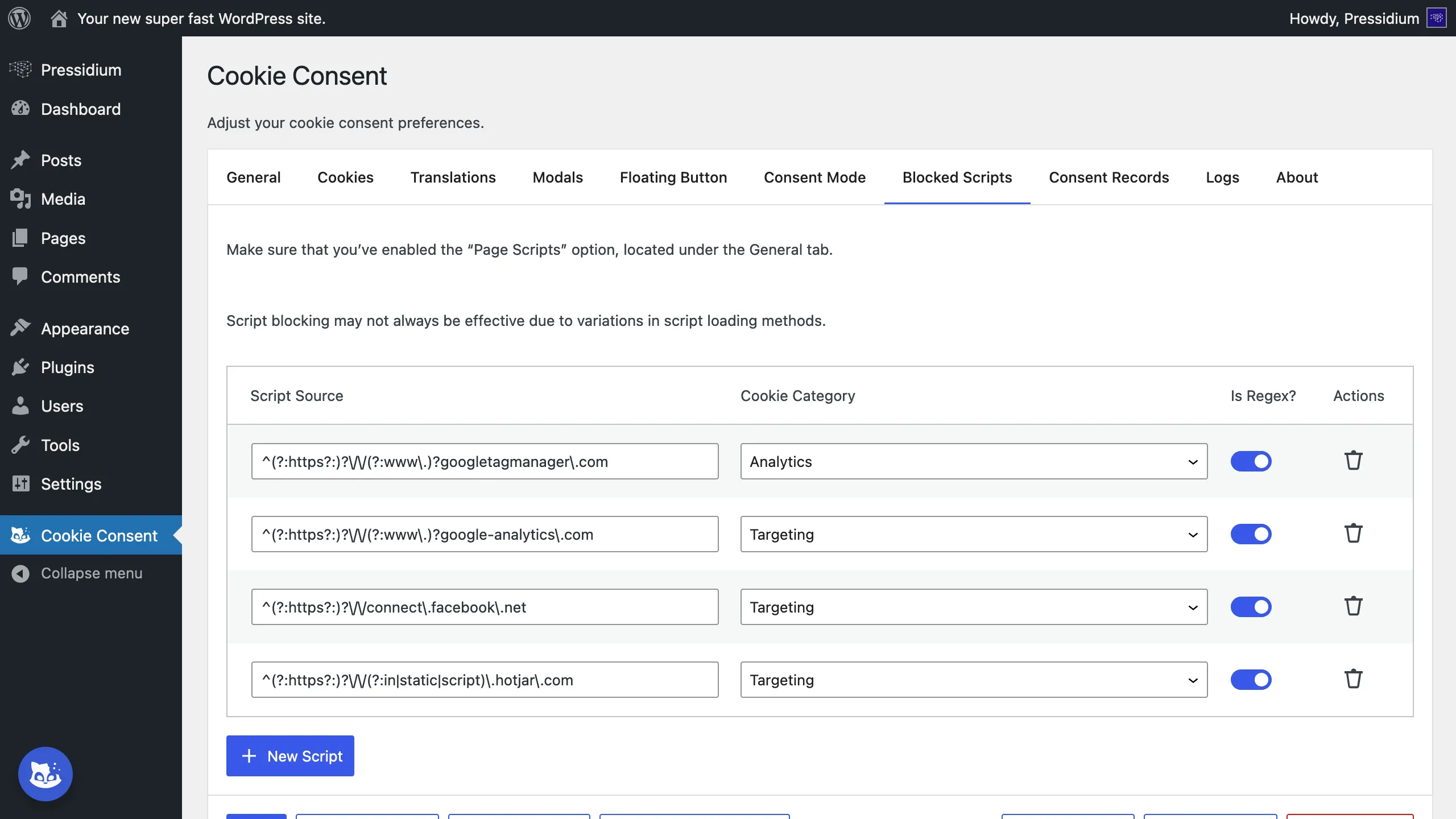 Pressidium Cookie Consent script blocking settings