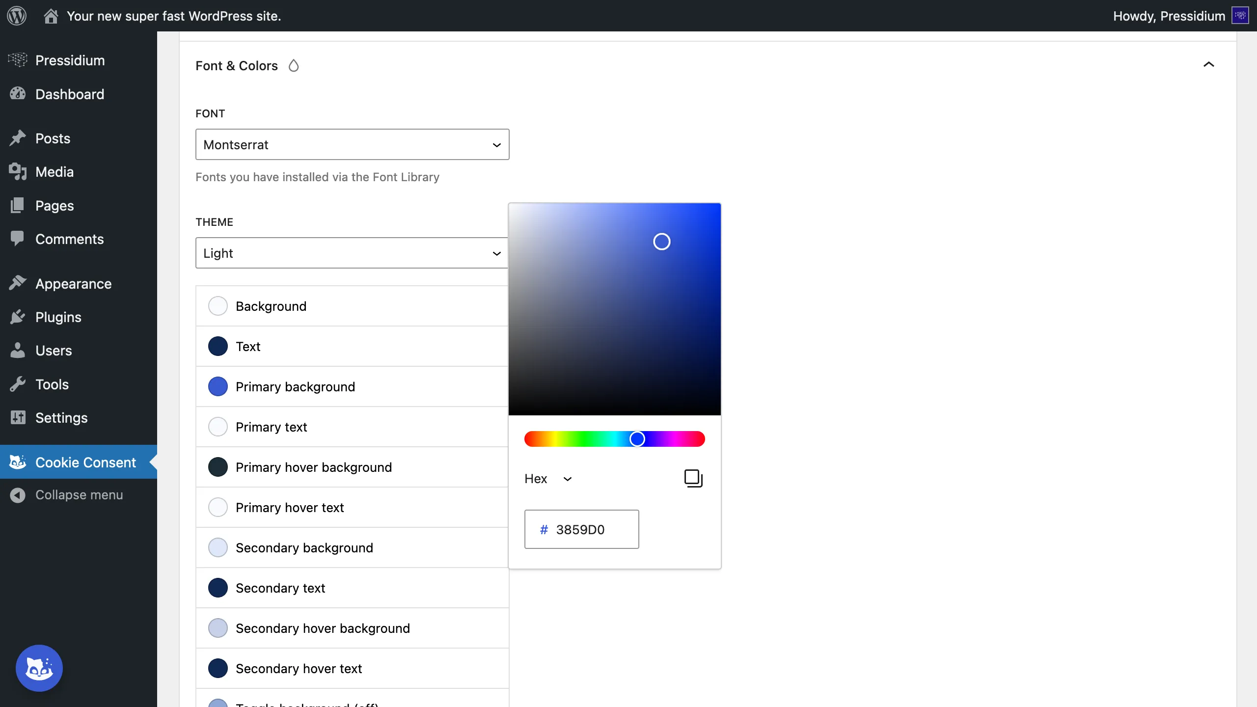Pressidium Cookie Consent font and color settings