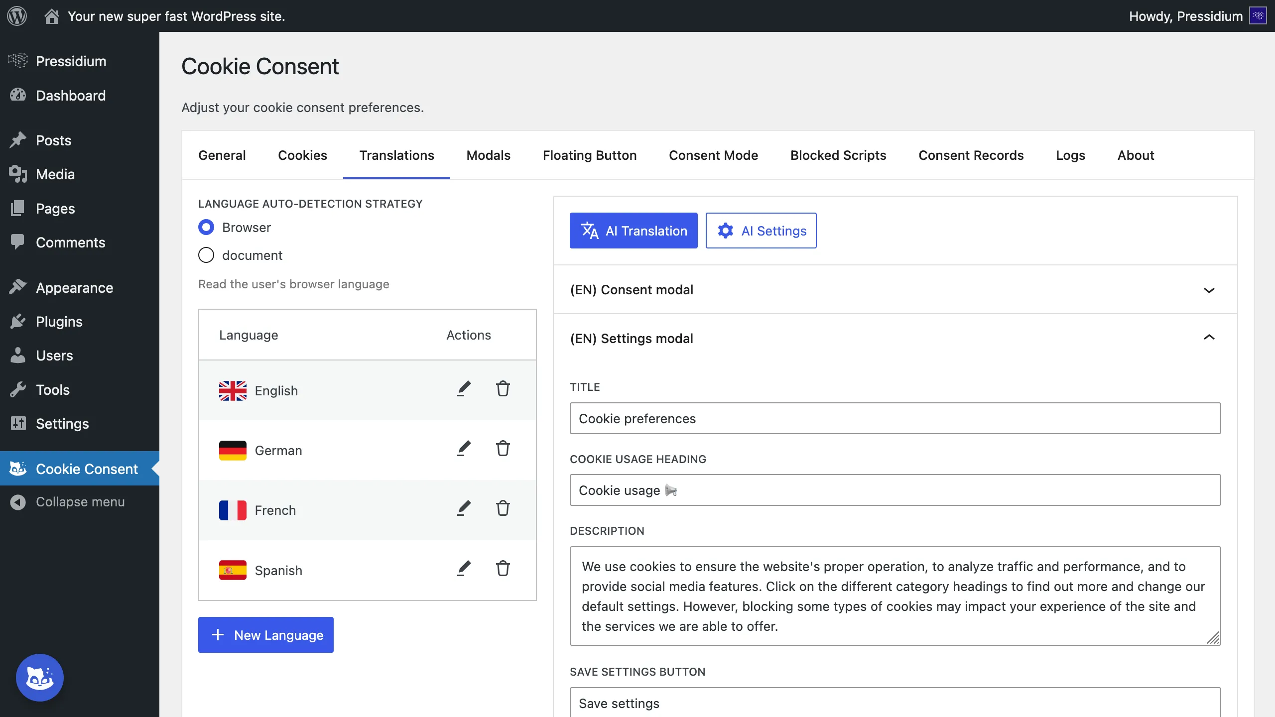 Pressidium Cookie Consent translation settings