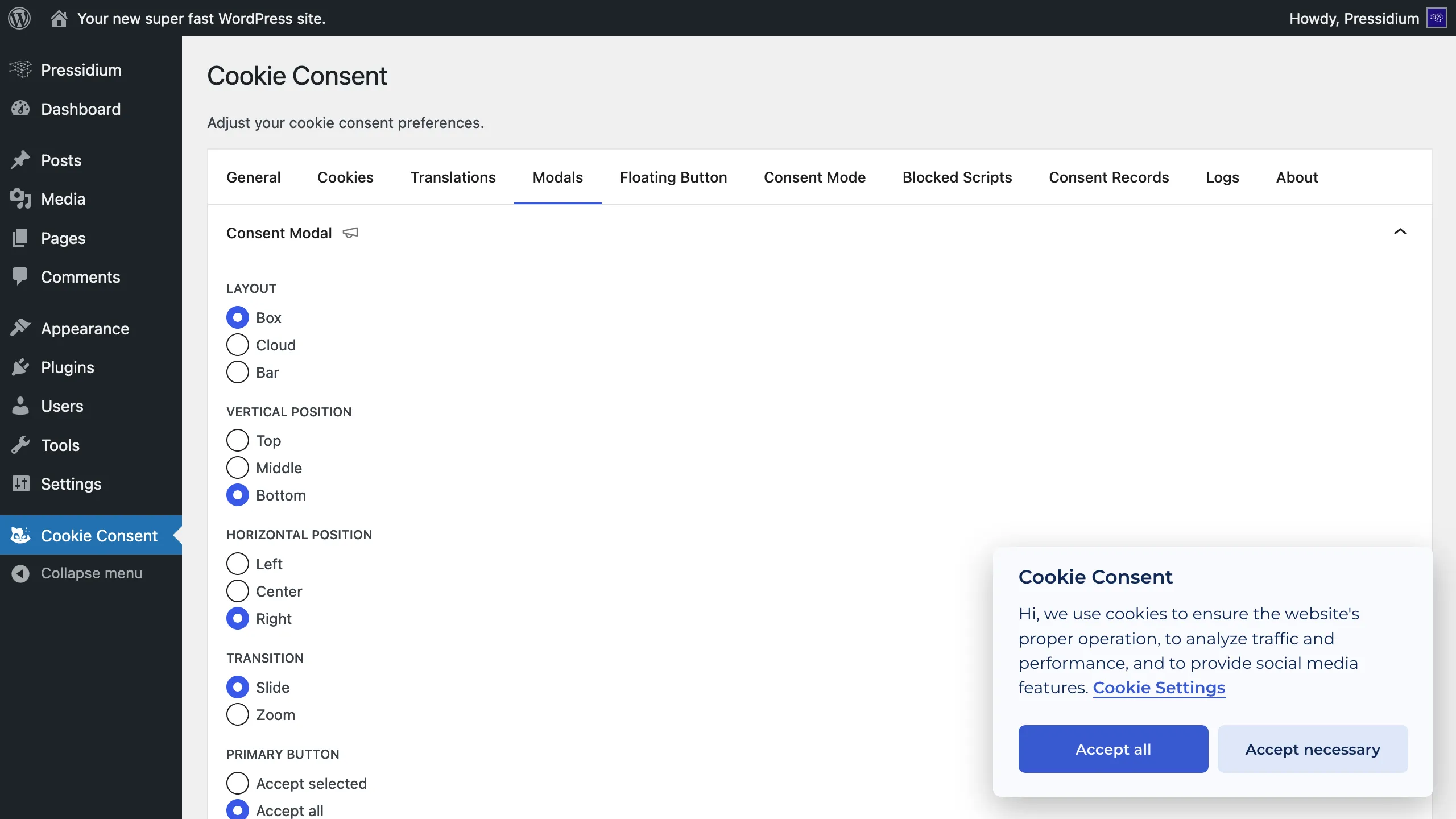 Pressidium Cookie Consent modal UI settings