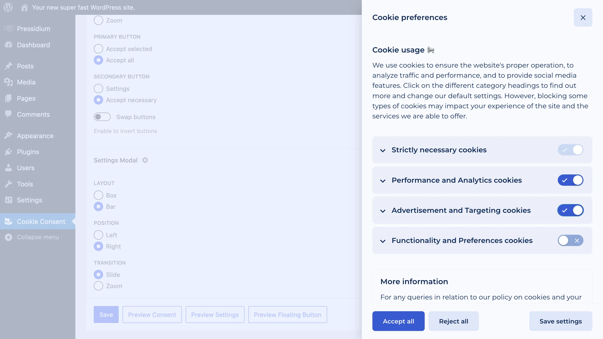 Pressidium Cookie Consent preferences modal