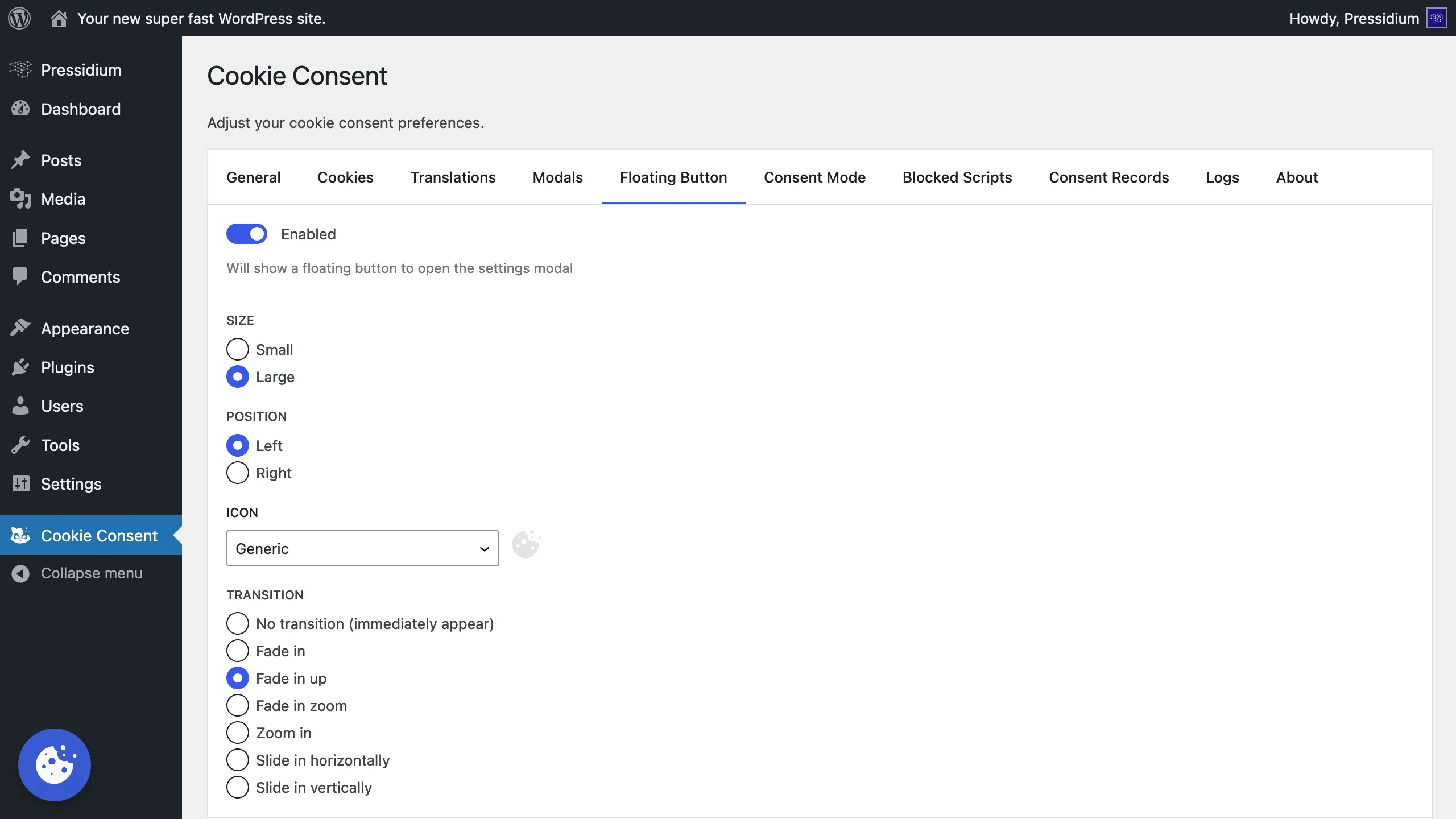 Pressidium Cookie Consent floating button settings