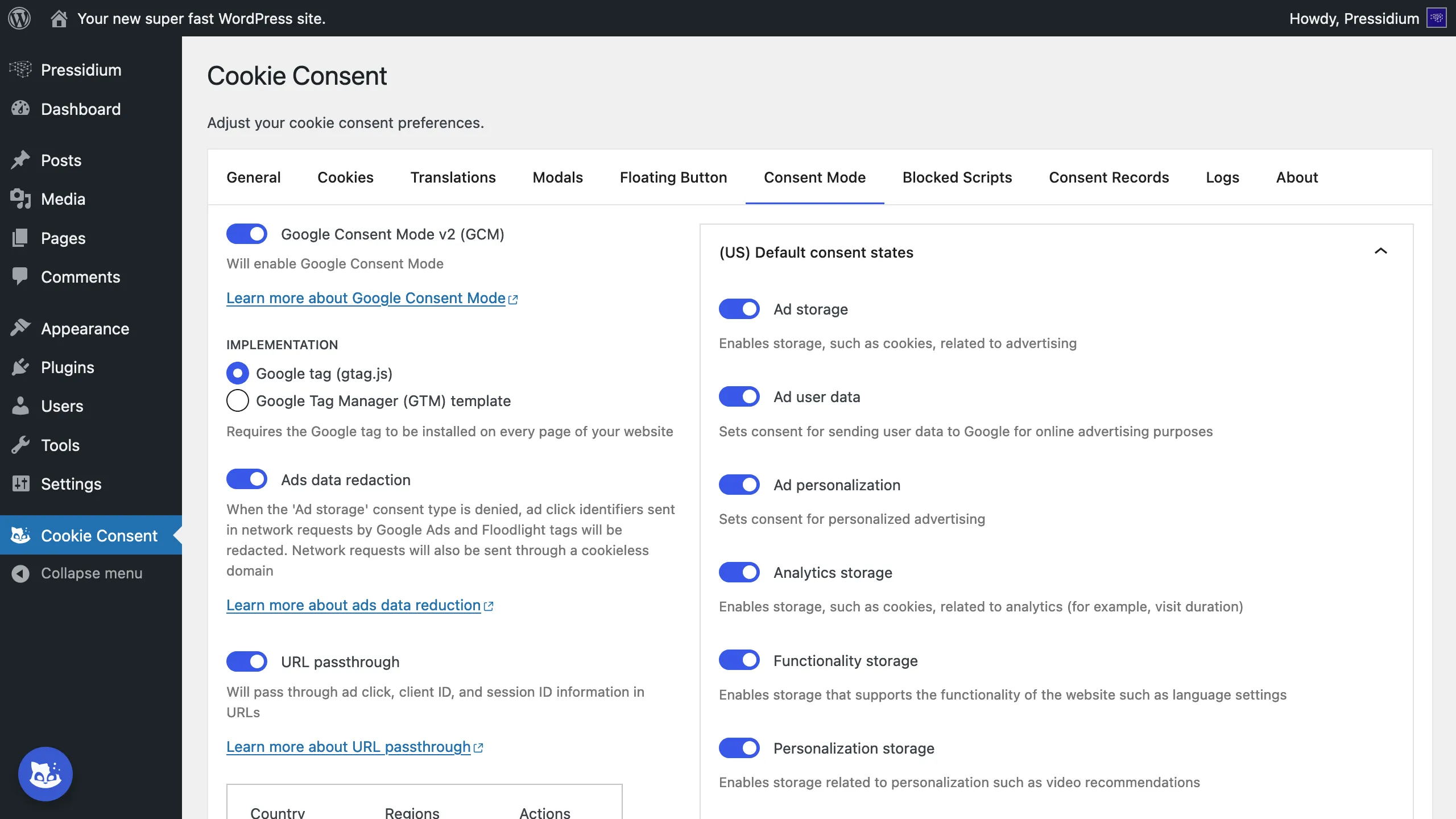 Pressidium Cookie Consent Google Consent Mode v2 settings