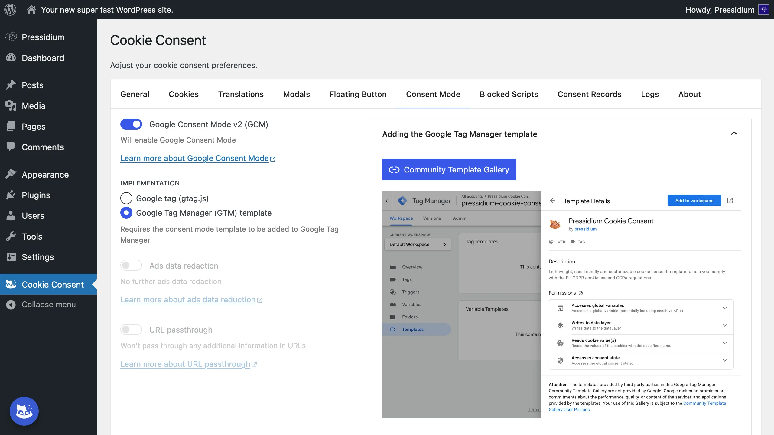 Pressidium Cookie Consent Google Tag Manager template
