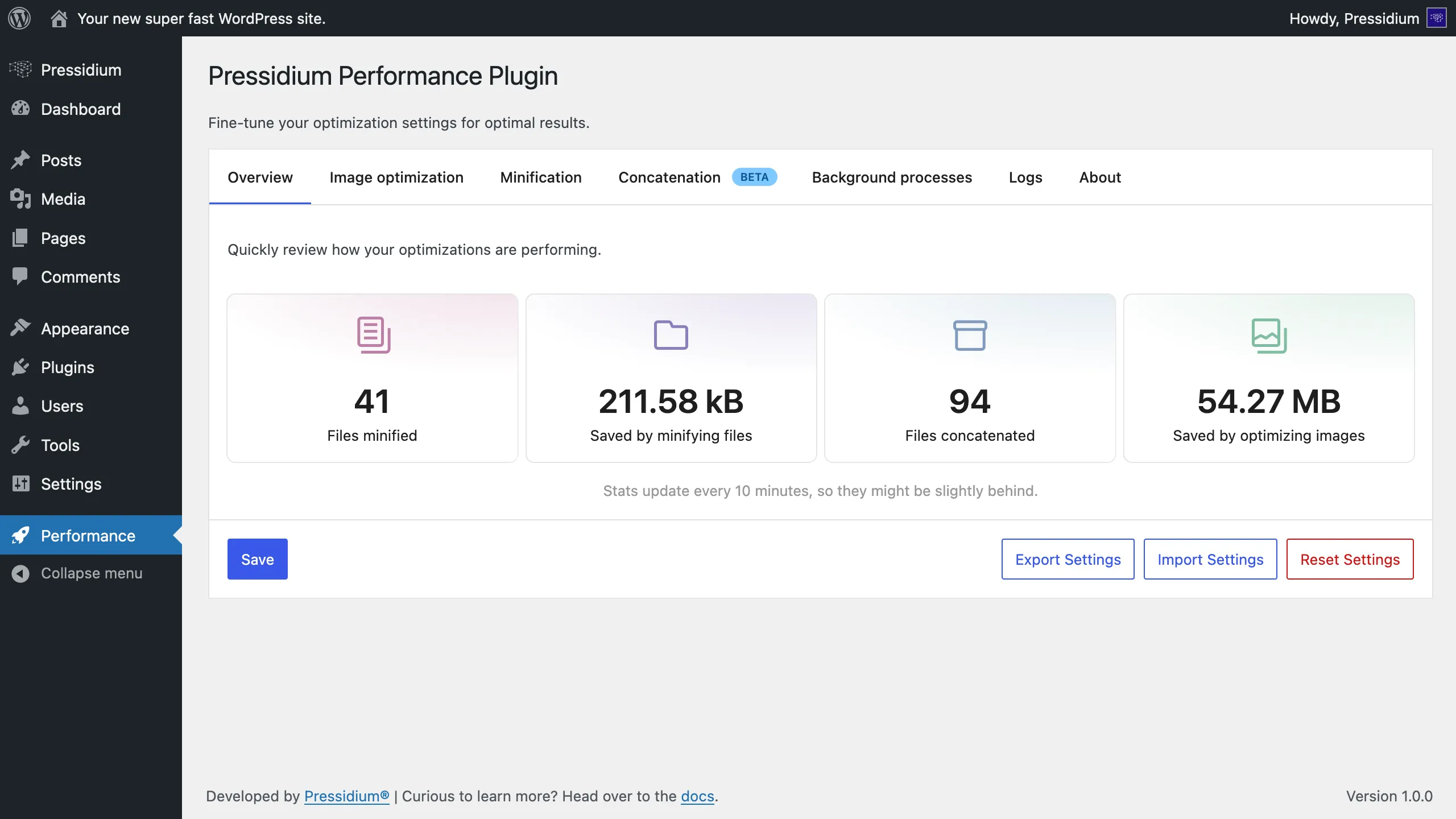 Pressidium Performance overview screen in the WordPress admin