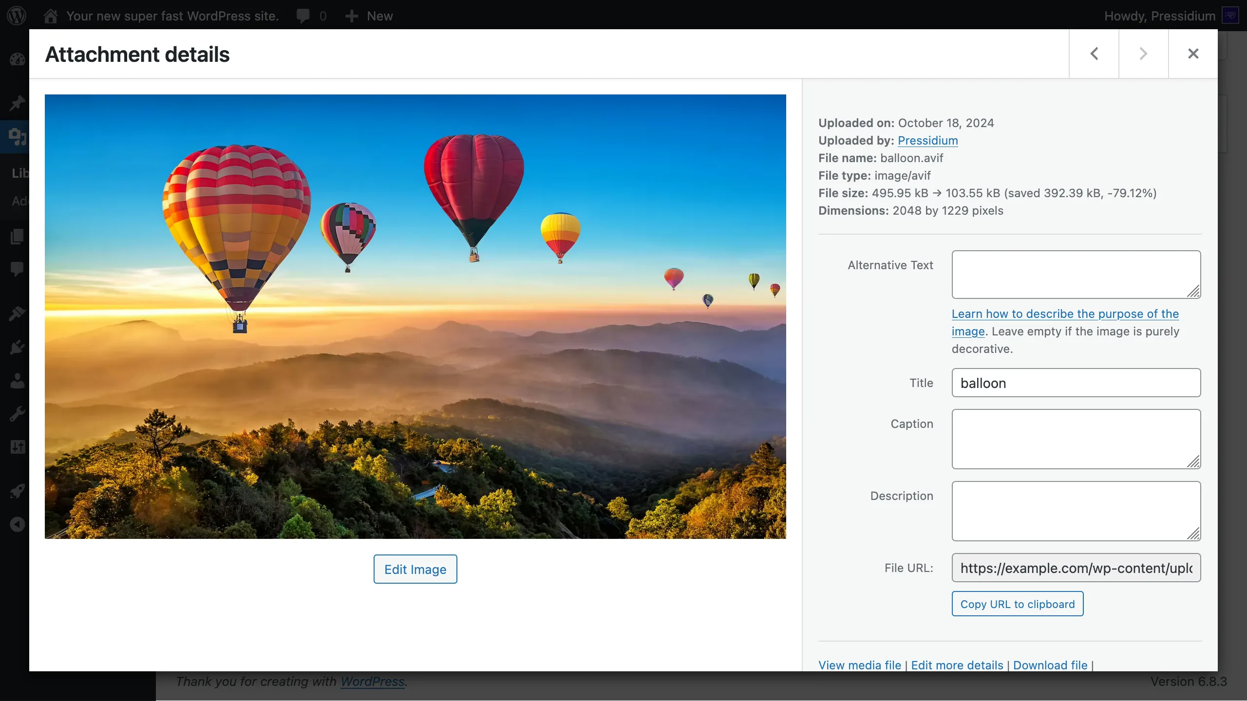 Attachment details modal showing an optimized image