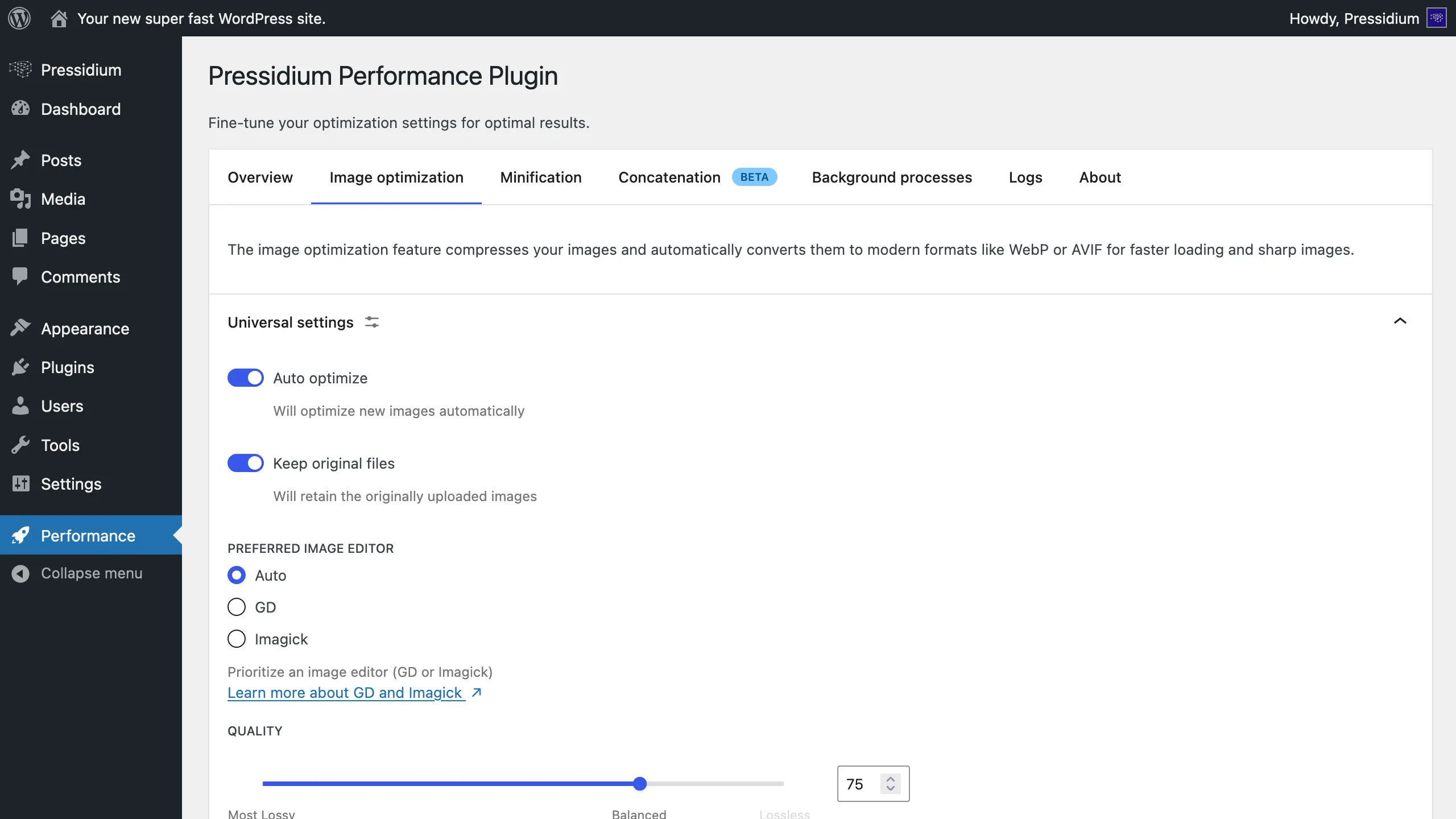 Pressidium Performance image optimization settings