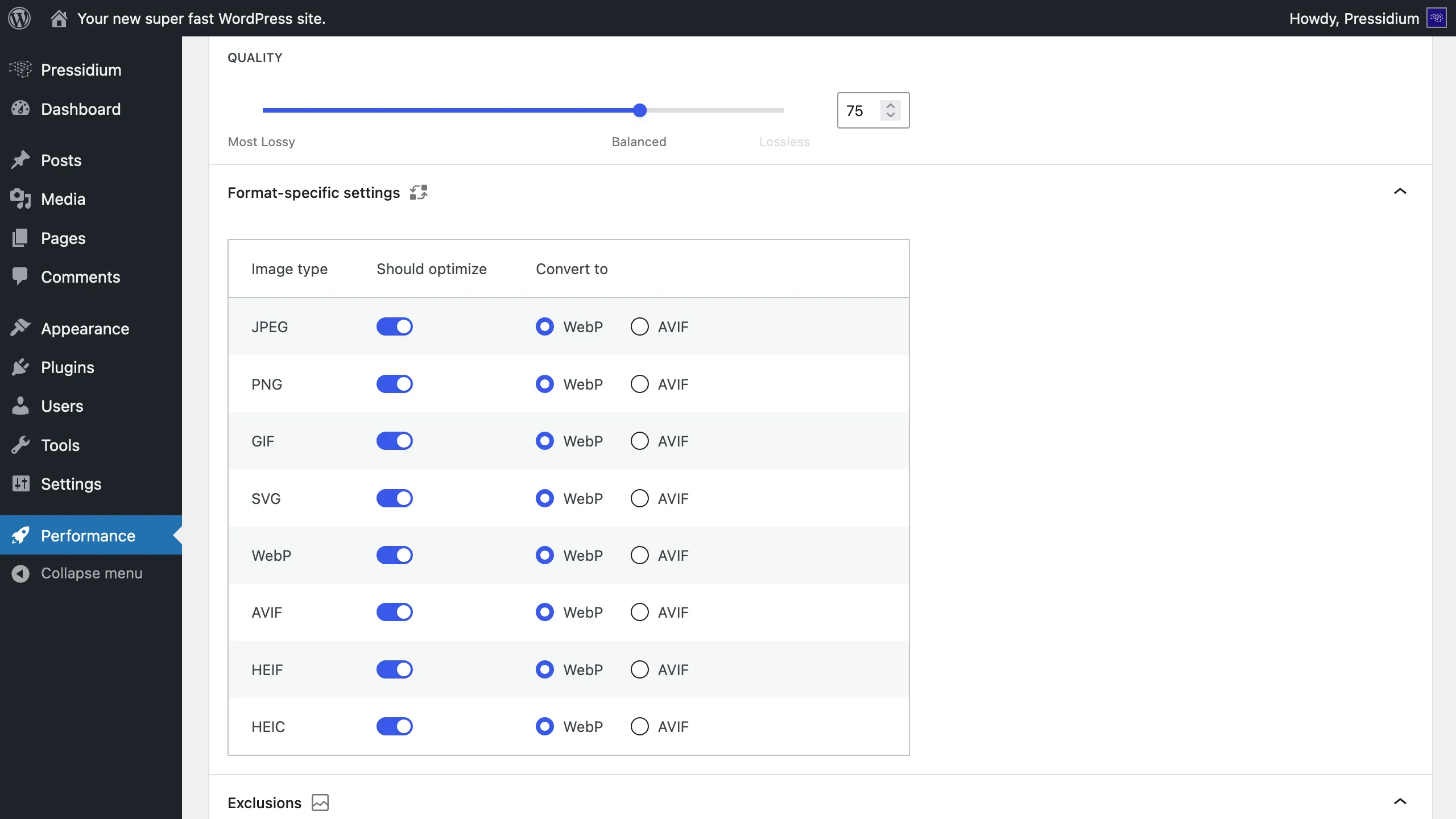 Pressidium Performance format settings for image conversion