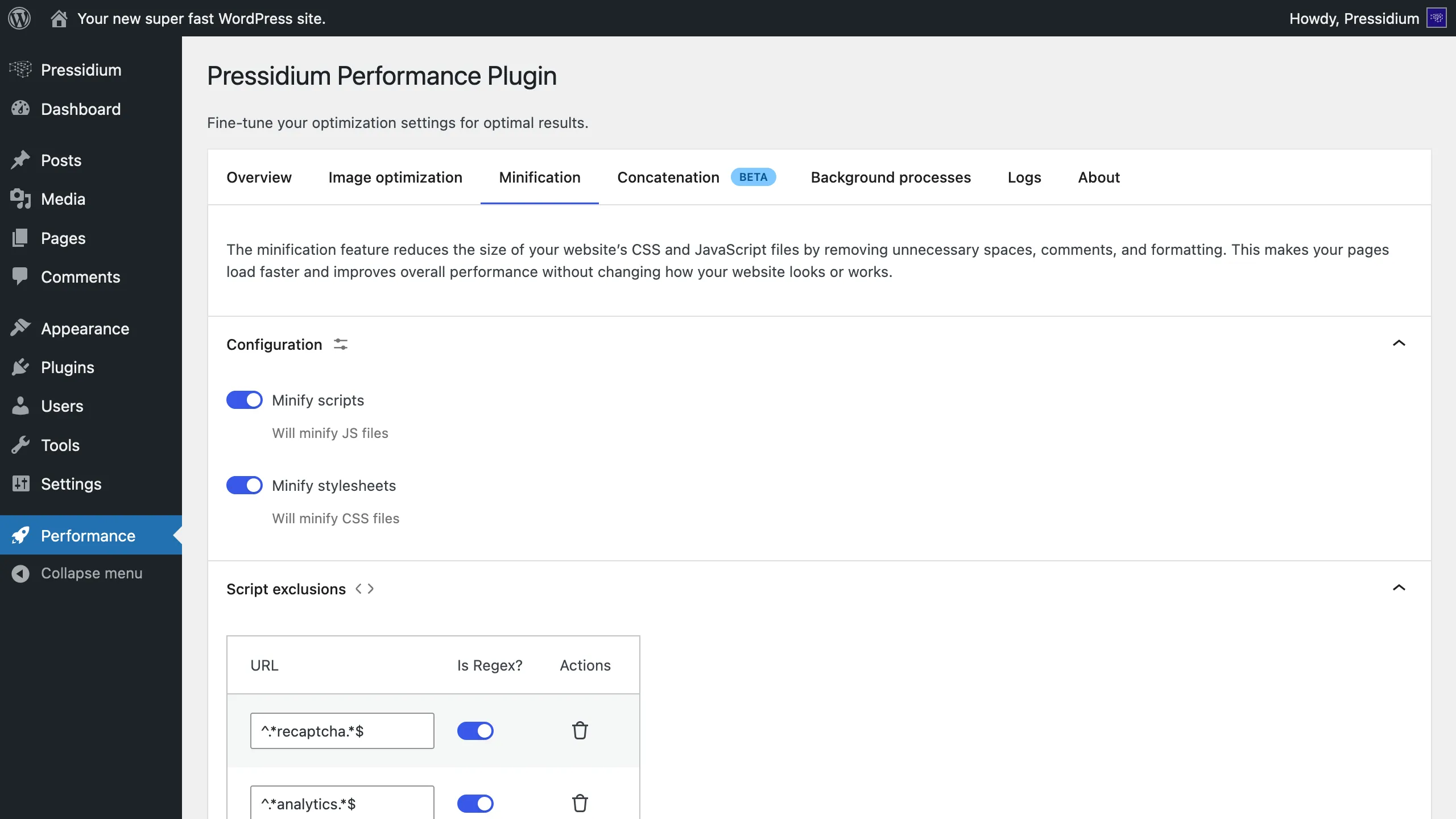 Pressidium Performance file minification settings