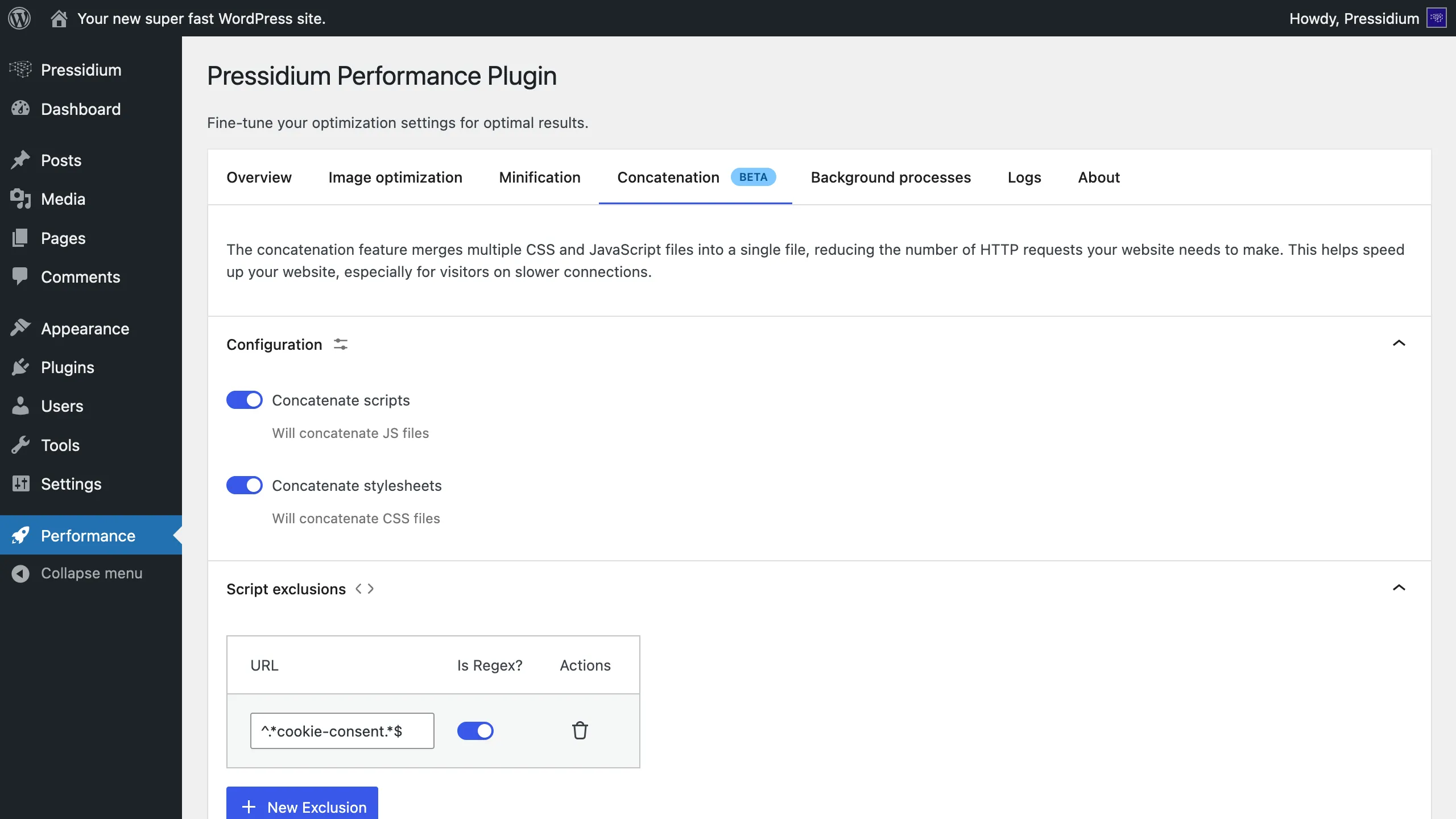 Pressidium Performance file concatenation settings