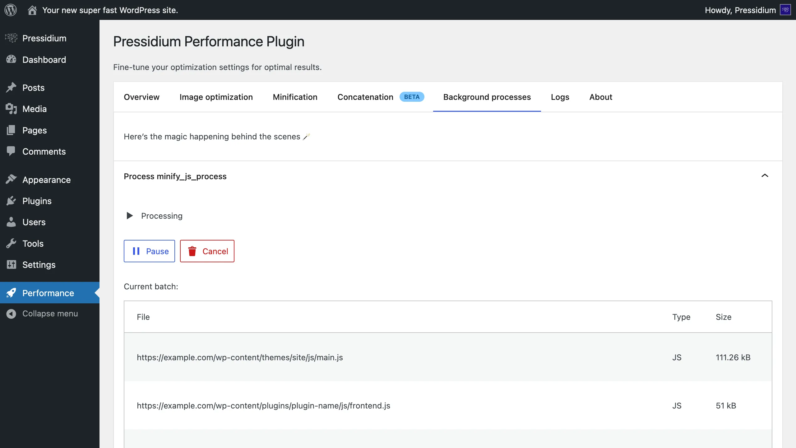 Pressidium Performance background processes tab